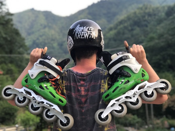 downhill speed skates and helmet